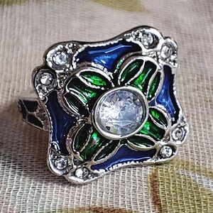 Enameled Navy Blue Green Clear Rhinestones Silver Rhodium Plated Size 8 Ring NEW